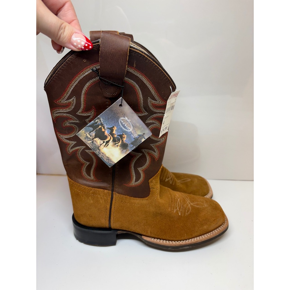 Old West Youth BSY1987 Brown Suede Leather Square Toe Cowboy Boots Size 4 D